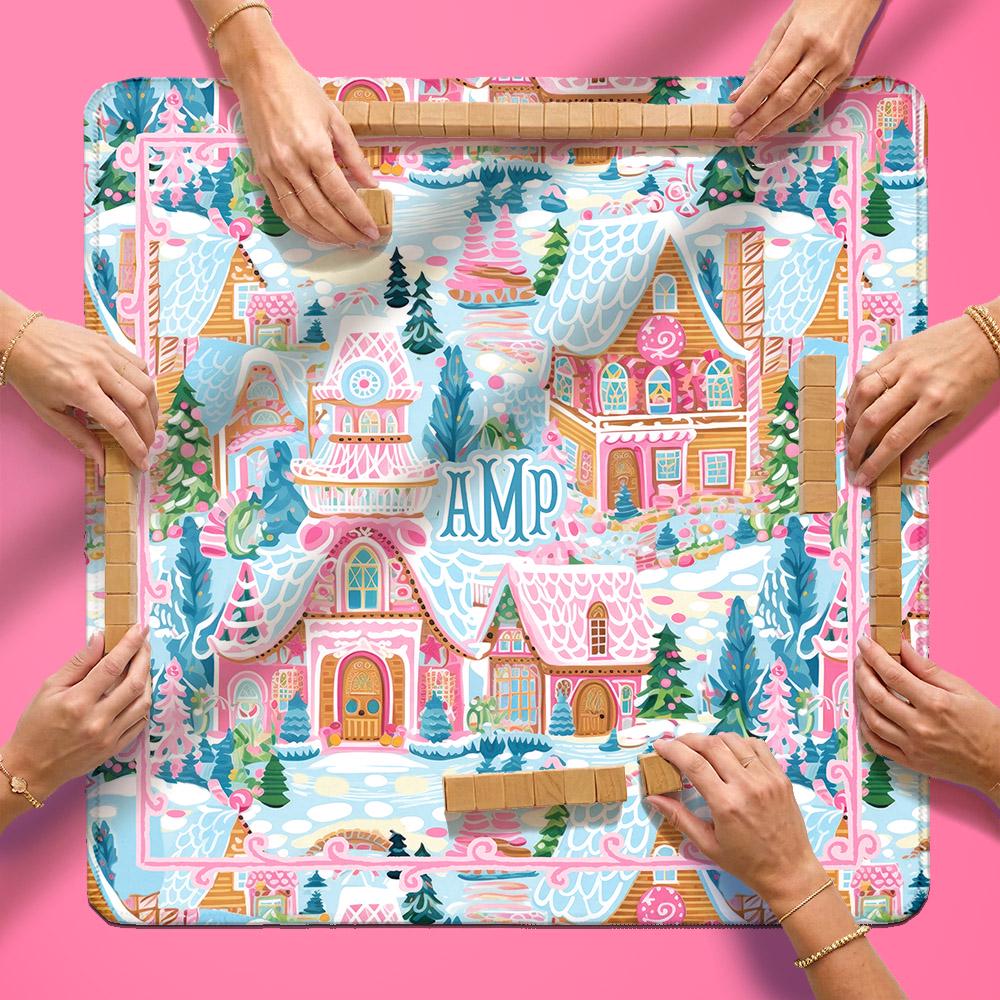 Custom Mahjong Mat, 31.5", Neoprene, Personalized, Monogrammed, Initial, Winter, Holiday, Christmas, Gingerbread House, Preppy