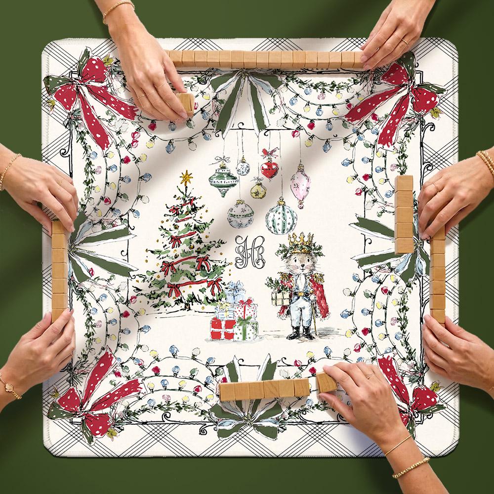 Custom Mahjong Mat, 31.5", Neoprene, Personalized, Monogrammed, Initial, Winter, Holiday, Christmas, Kitsch, Line Art, Hand Drawn, Bows,Tree