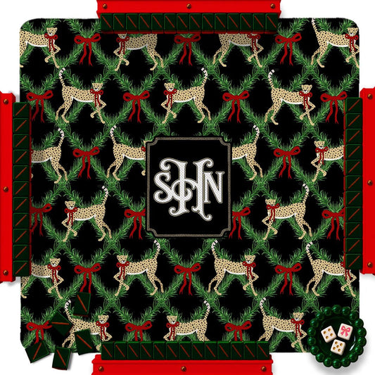 Custom Mahjong Mat, 31.5", Neoprene, Personalized, Monogrammed, Letter, Initial, Winter, Holiday, Christmas, Leopards, Bows, Pattern, Merry