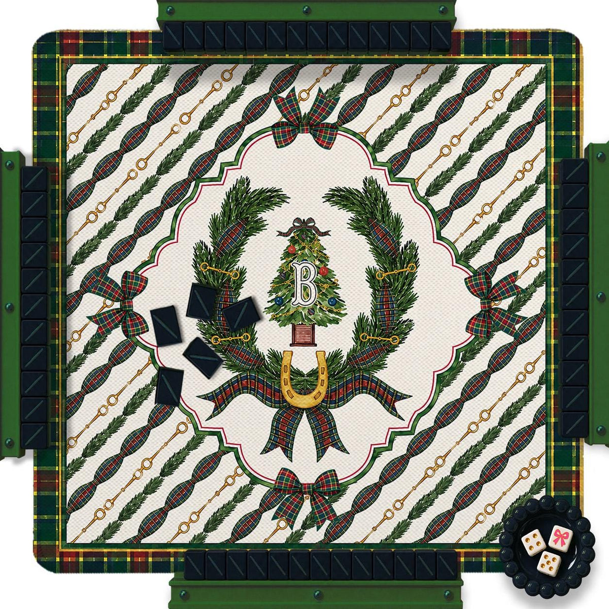 Custom Mahjong Mat, 31.5", Neoprene, Personalized, Monogrammed, Initial, Winter, Holiday, Christmas, Equestrian, Masculine, Male, Plaid