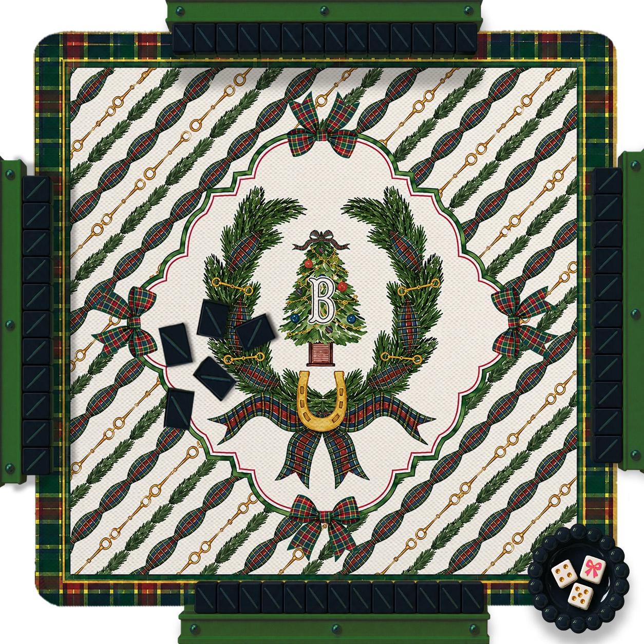 Custom Mahjong Mat, 31.5", Neoprene, Personalized, Monogrammed, Initial, Winter, Holiday, Christmas, Equestrian, Masculine, Male, Plaid