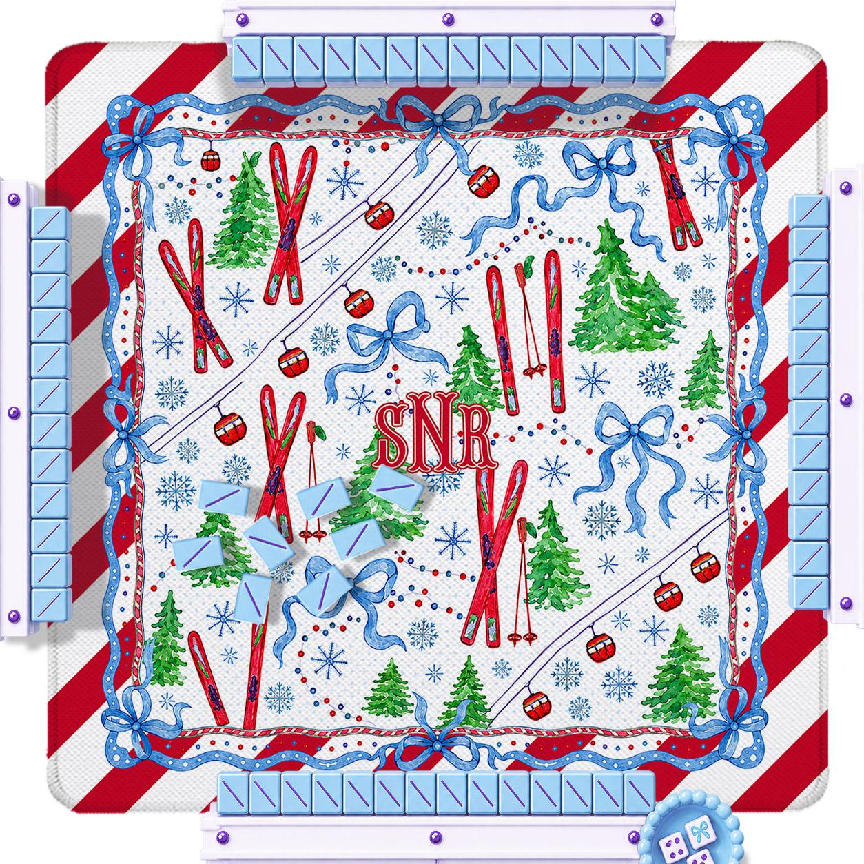 Custom Mahjong Mat, 31.5", Neoprene, Personalized, Monogrammed, Initial, Winter, Holiday, Christmas, Snow, Skiing, Stripes