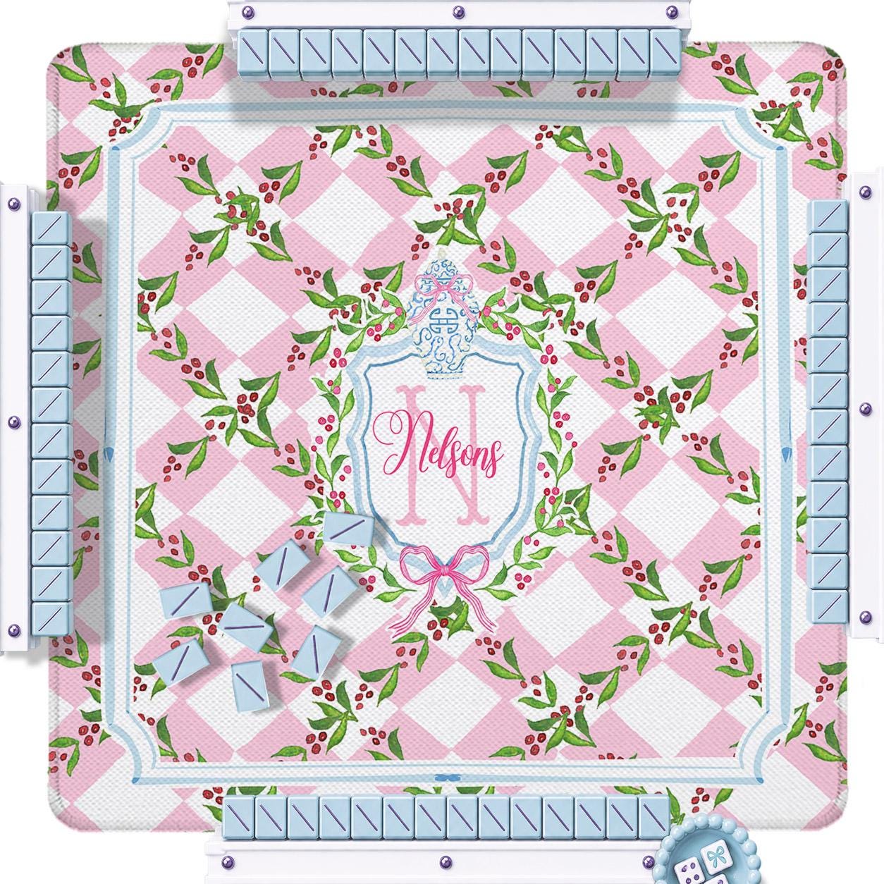 Custom Mahjong Mat, 31.5", Neoprene, Personalized, Monogrammed, Letter, Initial, Winter, Holiday, Christmas, Grand Millennial, Ginger Jar
