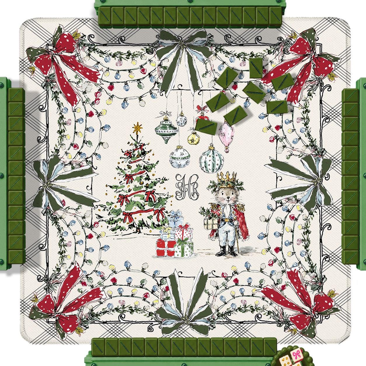 Custom Mahjong Mat, 31.5", Neoprene, Personalized, Monogrammed, Initial, Winter, Holiday, Christmas, Kitsch, Line Art, Hand Drawn, Bows,Tree