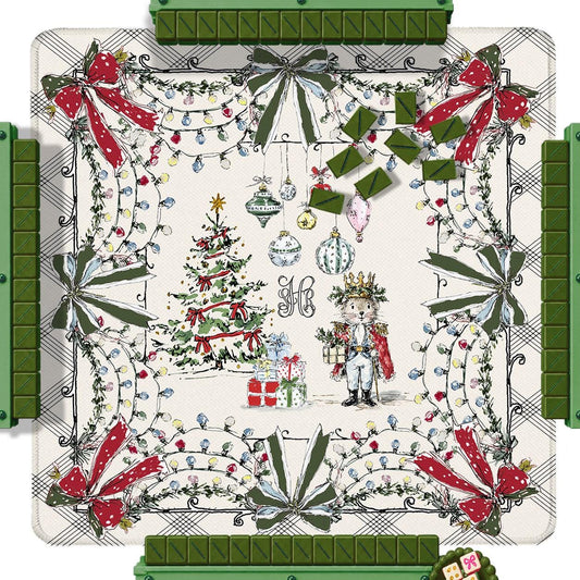 Custom Mahjong Mat, 31.5", Neoprene, Personalized, Monogrammed, Initial, Winter, Holiday, Christmas, Kitsch, Line Art, Hand Drawn, Bows,Tree