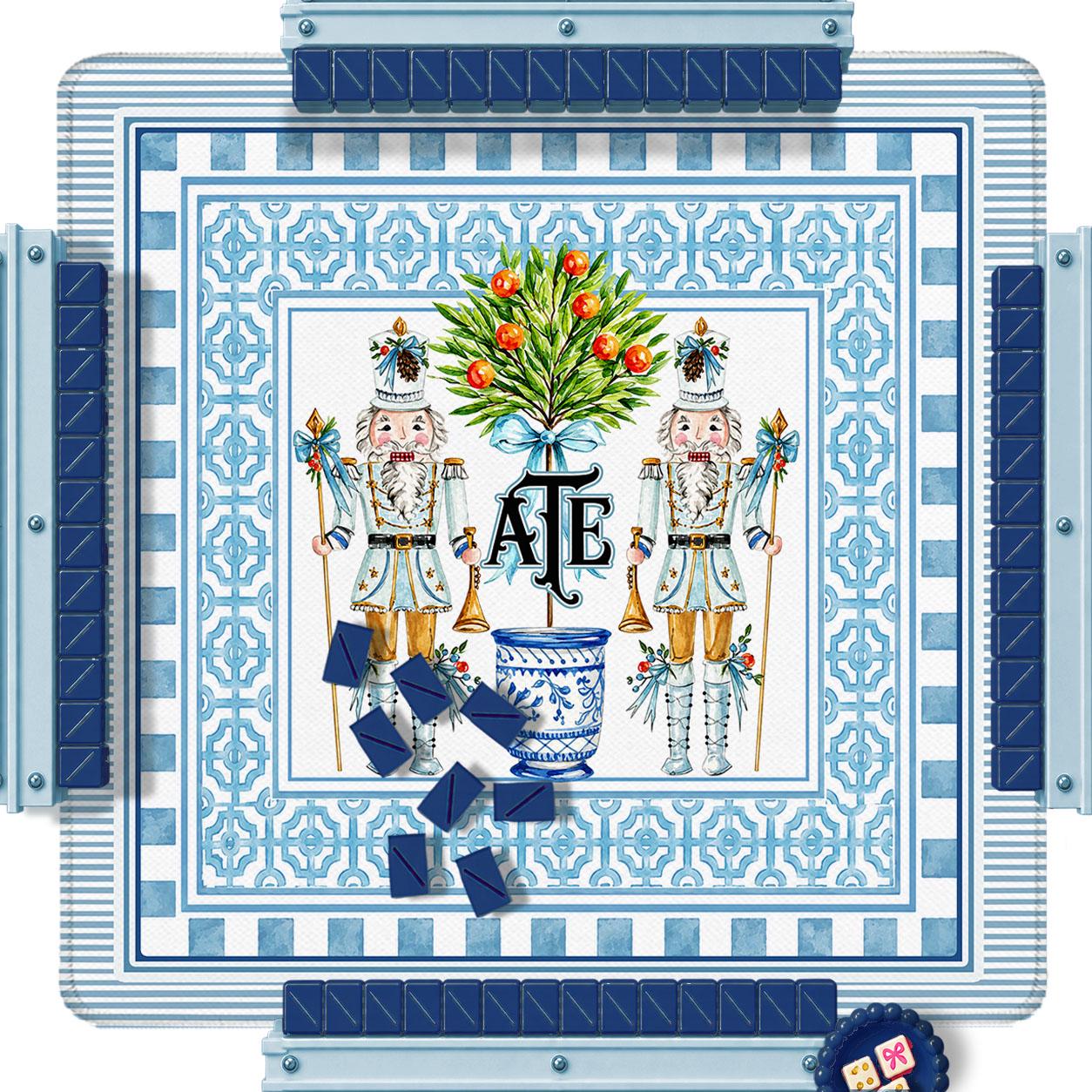 Custom Mahjong Mat, 31.5", Neoprene, Personalized, Monogrammed, Initial, Winter, Holiday, Christmas, Blue White Stiripe Nutcrackers, Preppy