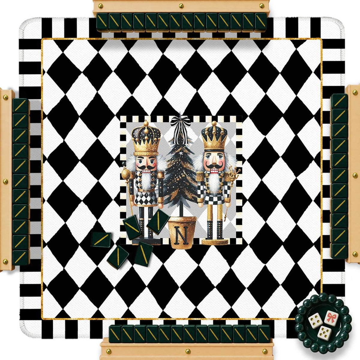 Custom Mahjong Mat, 31.5", Neoprene, Personalized, Monogrammed, Initial, Winter, Holiday, Christmas, Black White Harlequin Nutcrackers