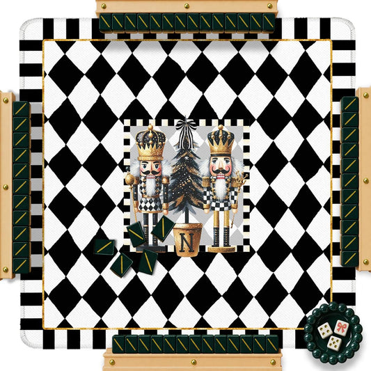 Custom Mahjong Mat, 31.5", Neoprene, Personalized, Monogrammed, Initial, Winter, Holiday, Christmas, Black White Harlequin Nutcrackers