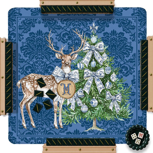 Custom Mahjong Mat, 31.5", Neoprene, Personalized, Monogrammed, Letter, Initial, Winter, Holiday, Christmas, Wreath, Gift, Damask, Reindeer