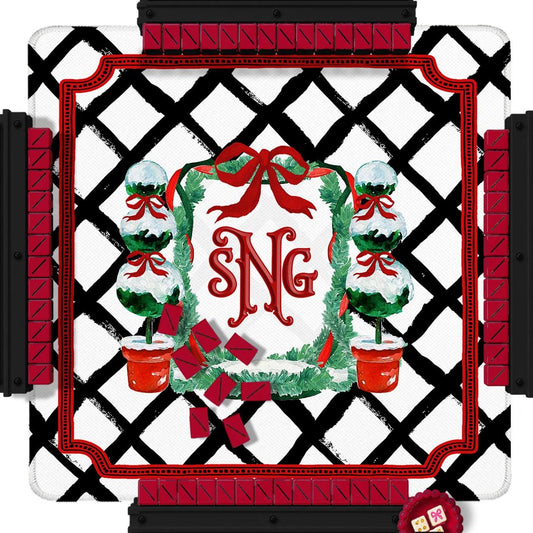 Custom Mahjong Mat, 31.5", Neoprene, Personalized, Monogrammed, Letter, Initial, Winter, Holiday, Christmas, Wreath, Gift, Topiary, Preppy