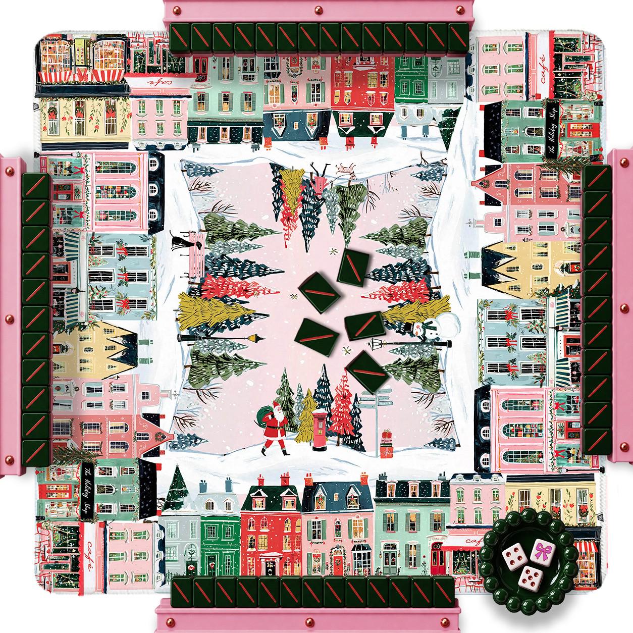 Custom Mahjong Mat, 31.5", Neoprene, Personalized,Monogram, Initial, Winter, Holiday, Christmas, City Scene,Pink Houses, Illustration Preppy