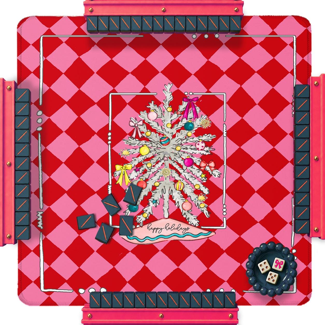 Custom Mahjong Mat, 31.5", Neoprene, Personalized, Monogrammed, Initial, Winter, Holiday, Christmas, Red,Pink Harlequin, Vintage Silver Tree