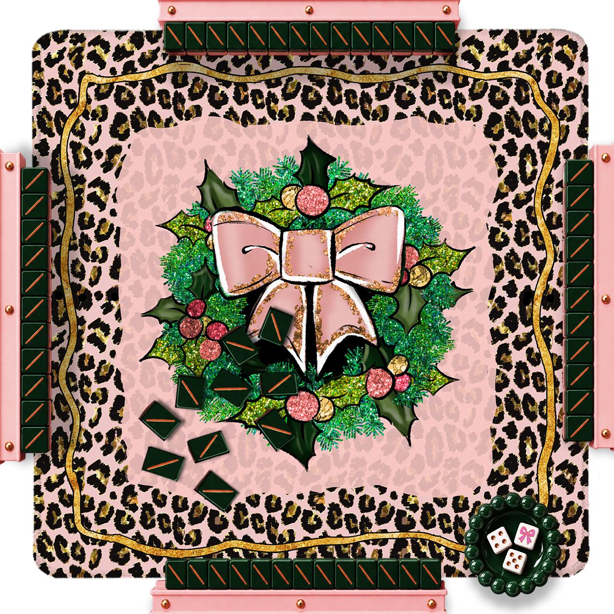 Custom Mahjong Mat, 31.5", Neoprene, Personalized, Monogrammed, Initial, Winter, Holiday, Christmas, Pink Leopard, Holly, Bows