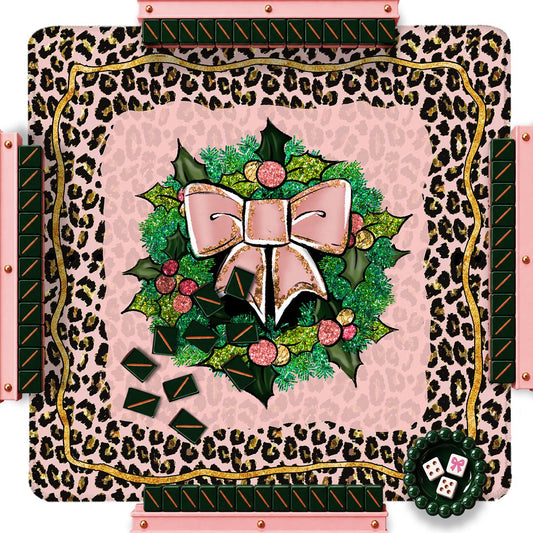Custom Mahjong Mat, 31.5", Neoprene, Personalized, Monogrammed, Initial, Winter, Holiday, Christmas, Pink Leopard, Holly, Bows