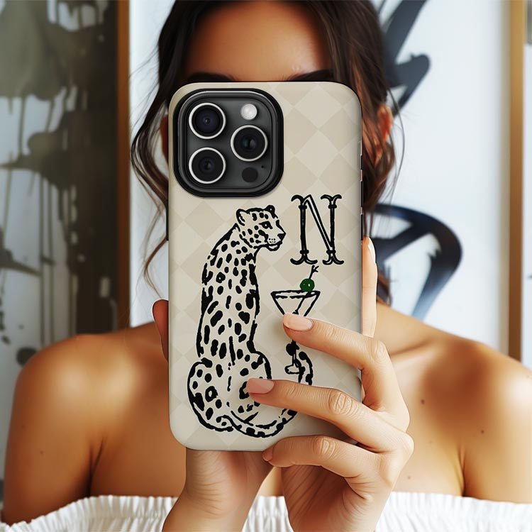 Personalized Large Initial Phone Case, Vintage Leopard