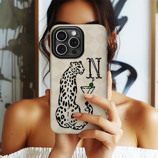 Personalized Large Initial Phone Case, Vintage Leopard