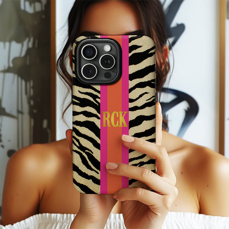 Personalized Large Initial Phone Case, Stripe Zebra