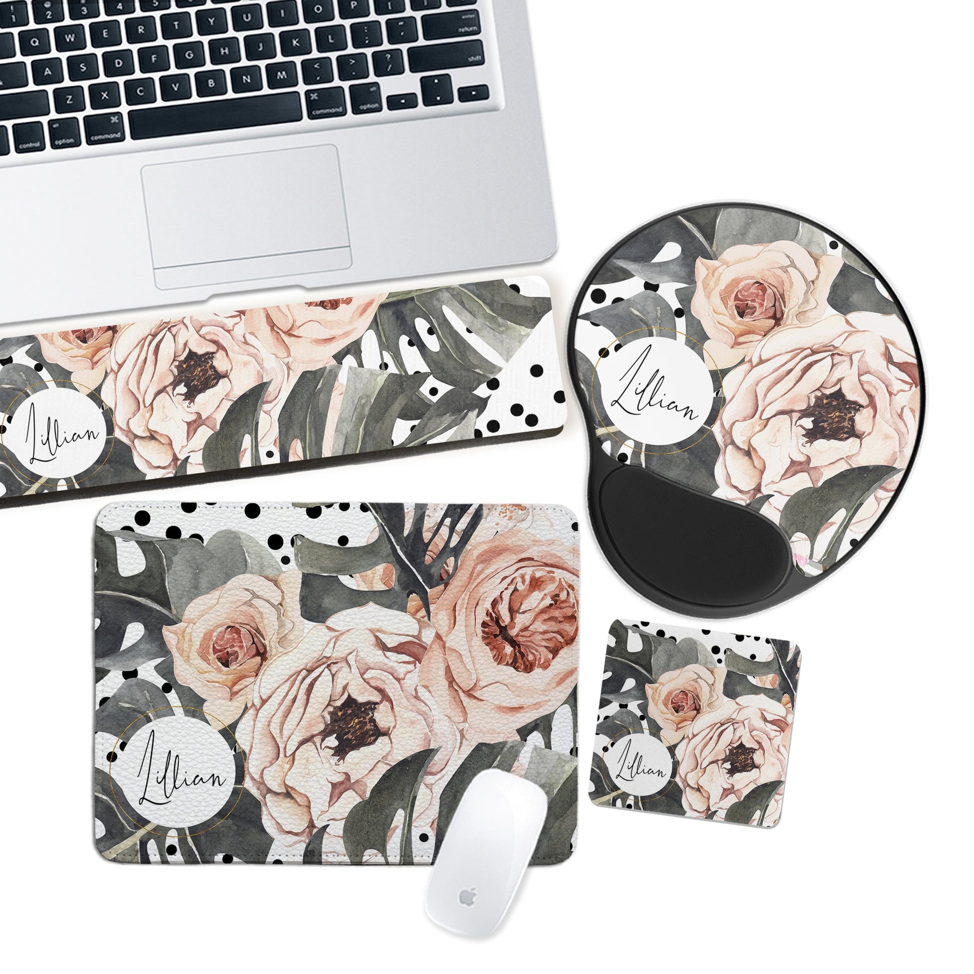 Leather Personalized Mouse Pads, Keyboard Wrist Rest, Custom Gel Mouse Pad, Monogram MousePad, Mousepad, Tropical Vintage Florals